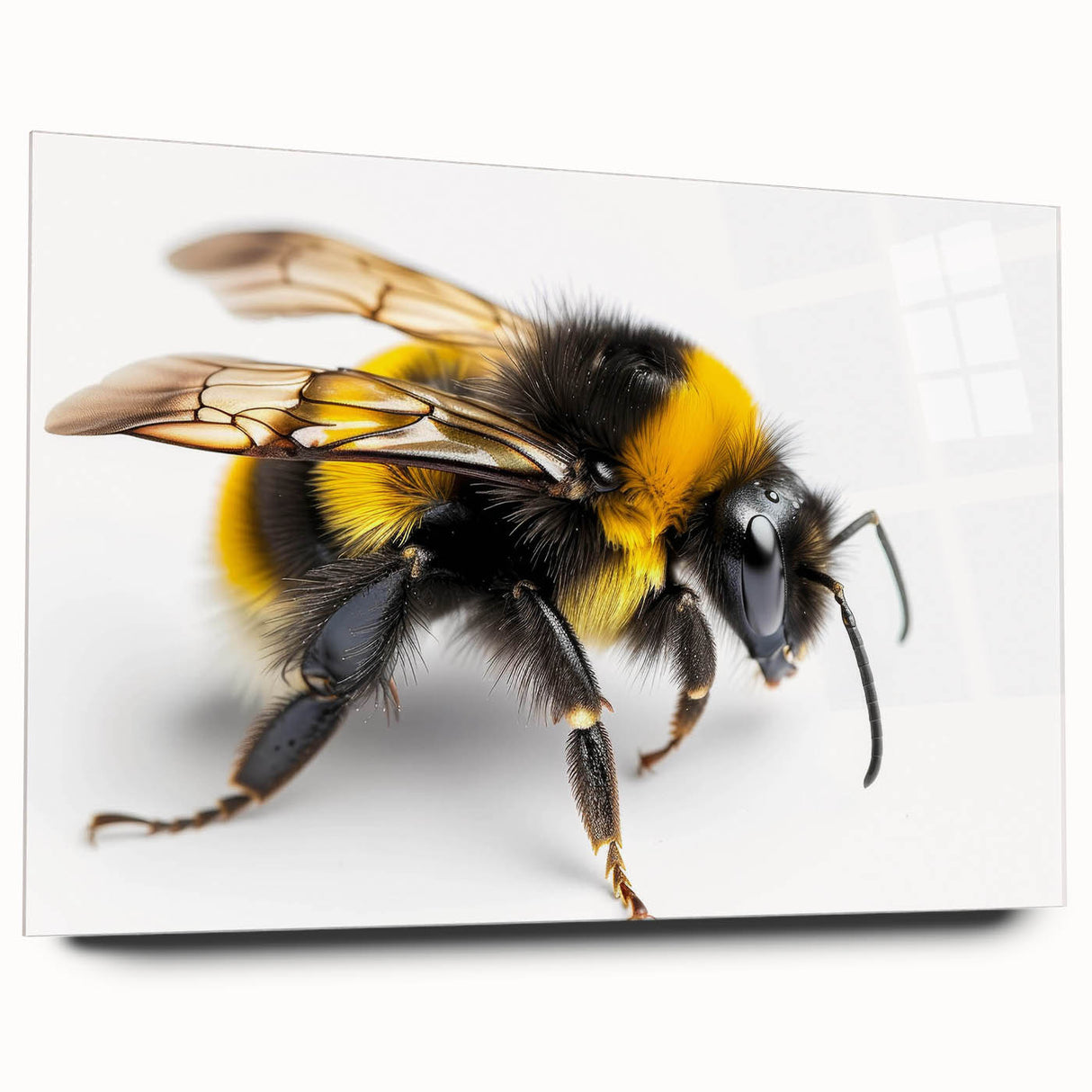 Acrylic glass wall art display showcasing a detailed design of bees and arachnids, set against a vibrant background. This side view highlights the artwork's clarity and color depth, ideal for nature enthusiasts and home decor aficionados. Perfect for adding a unique touch to any space.