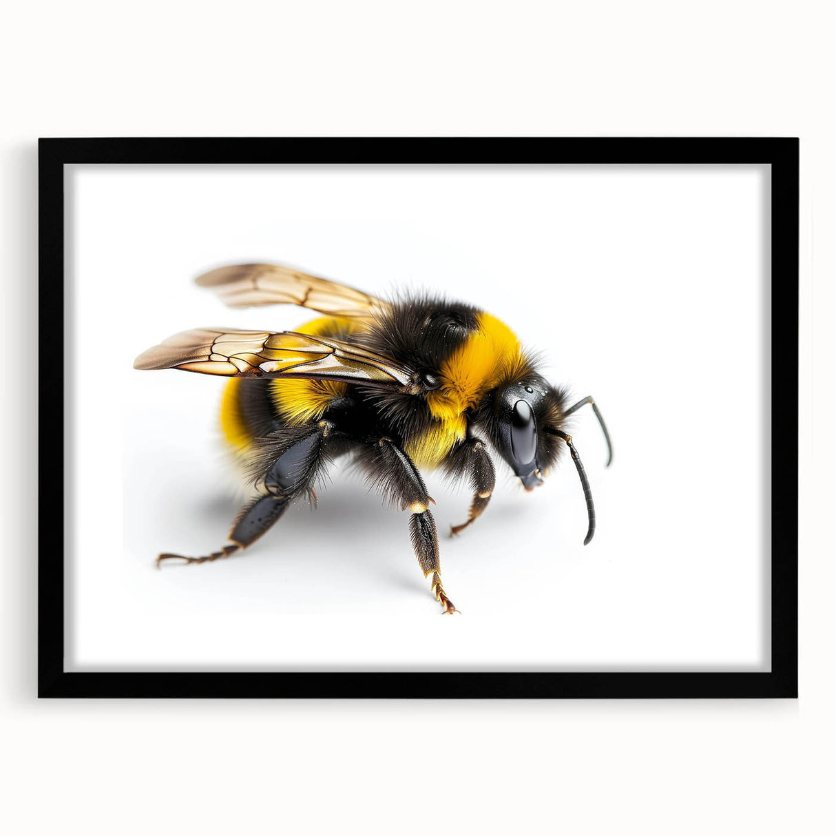 Framed wall art featuring a detailed insect and arachnid design with bees, presented in a sleek black frame with a mat, ideal for nature enthusiasts' decor.