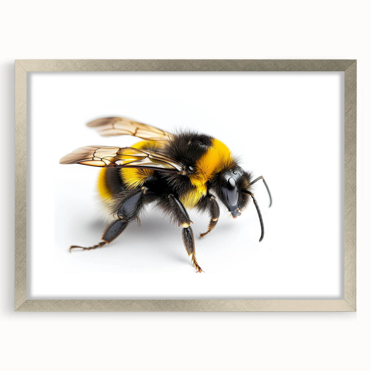 Framed wall art featuring a detailed illustration of bees and arachnids, presented in a silver frame with a white mat, ideal for nature enthusiasts and home decor.