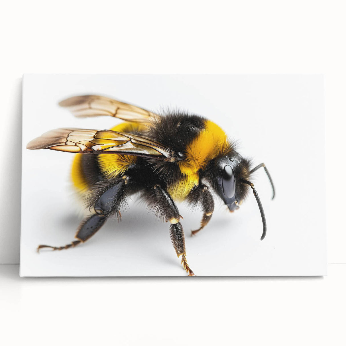 Stretched canvas wall art displaying a vibrant bee and arachnid design, showcasing intricate details and bright colors, ideal for nature-inspired decor.