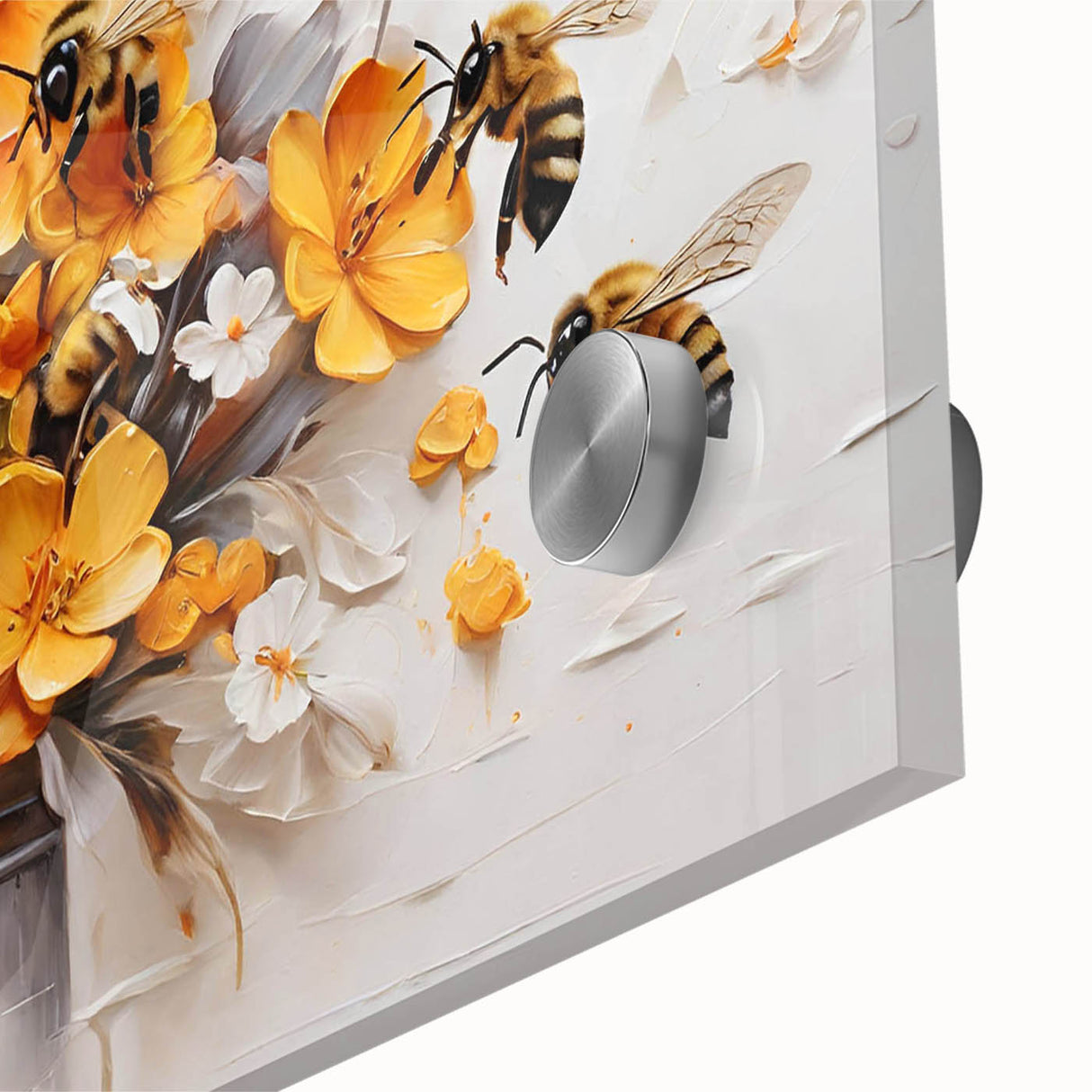 Close-up of a vibrant acrylic glass wall art piece showcasing intricate bee designs, perfect for nature lovers and home decor enthusiasts, highlighting detailed textures and colors.