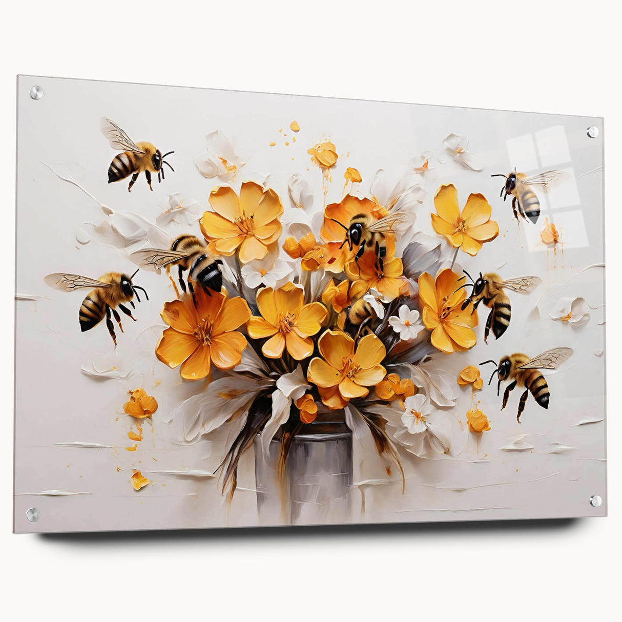 Acrylic glass wall art showcasing a detailed design of insects and arachnids, featuring bees, displayed in a modern setting with hanging pins. Perfect for nature enthusiasts.
