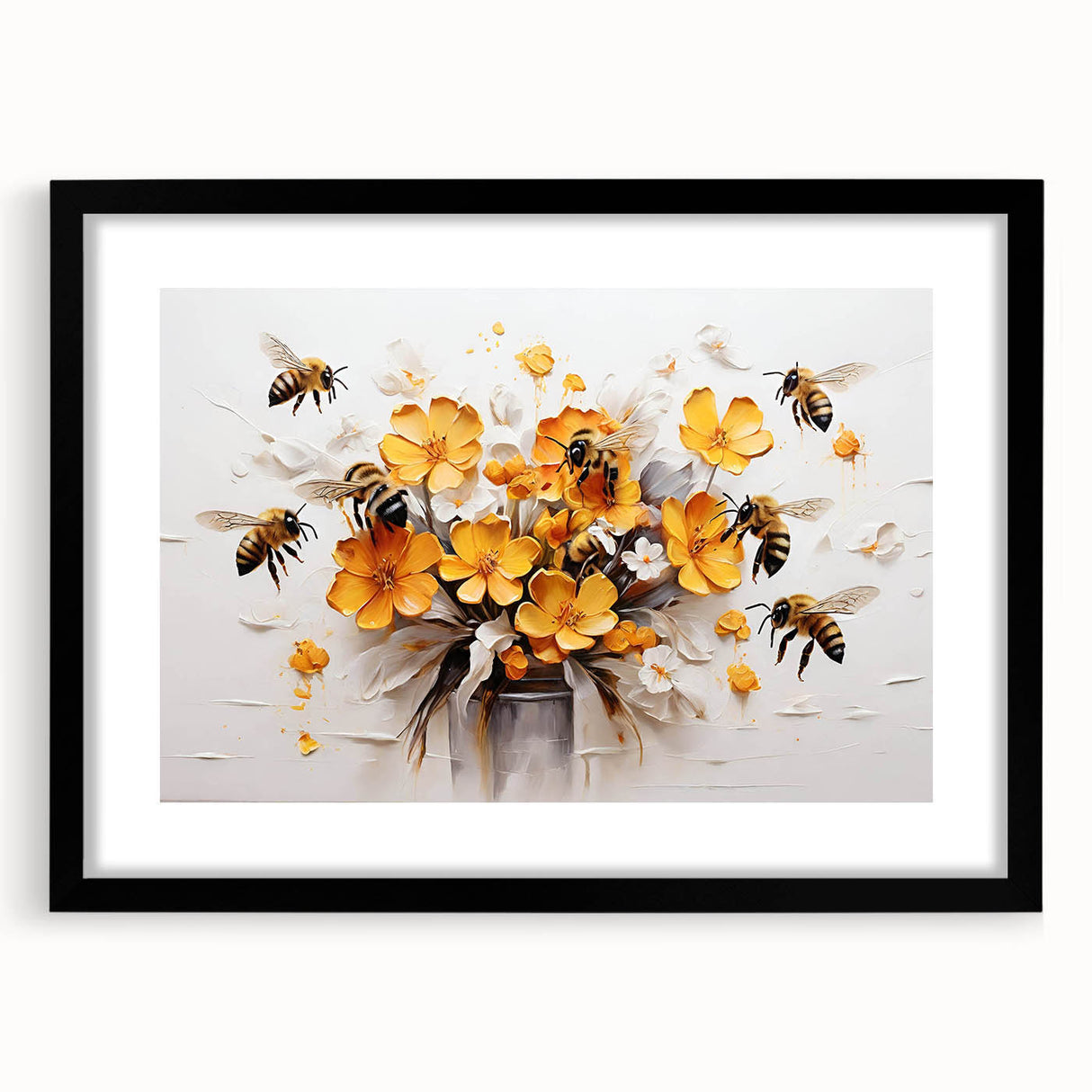 Framed wall art featuring a detailed design of bees and arachnids, set against a black background with a mat, perfect for nature-themed decor. Ideal for insect lovers.