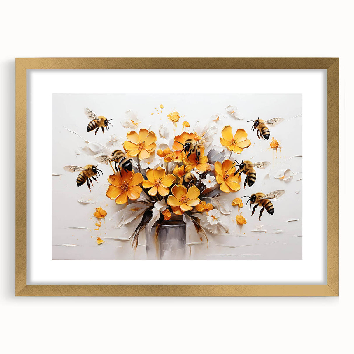 Framed wall art featuring a detailed insect and arachnid design with bees, set in a gold frame with a mat, ideal for nature-inspired decor. Perfect for enhancing any room's aesthetic with its vibrant colors and intricate details.
