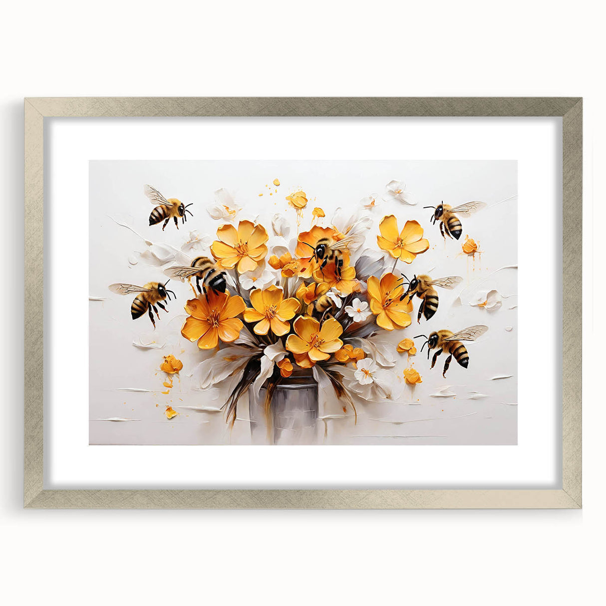 Framed wall art featuring a detailed insect and arachnid design, showcasing vibrant bees against a sleek silver mat. Ideal for nature lovers and modern decor.