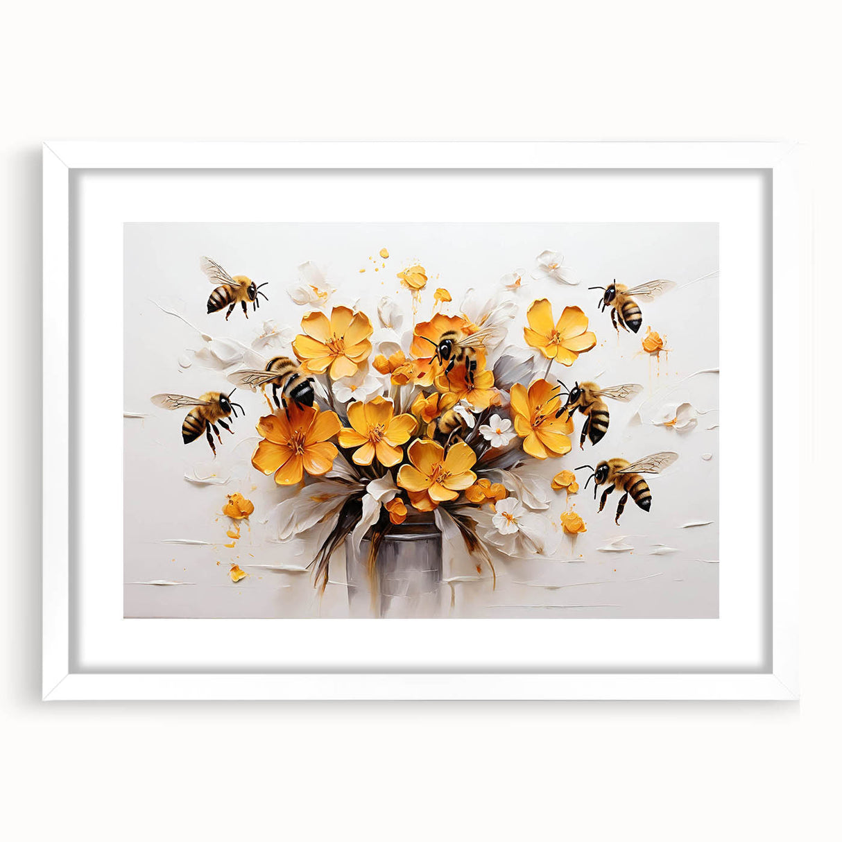 Wall art frame showcasing a detailed design of bees and arachnids, featuring a white mat and sleek frame, perfect for nature-themed decor.