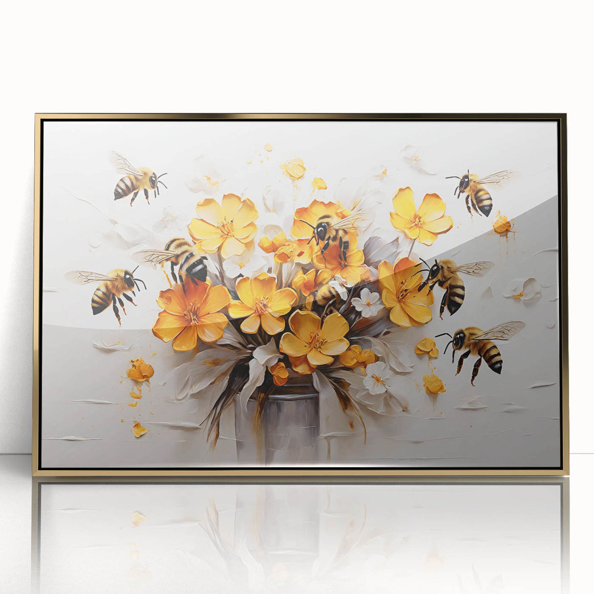 Framed acrylic wall art depicting a detailed design of bees and arachnids, featuring a gold frame that enhances the vibrant colors and intricate patterns, perfect for nature enthusiasts.