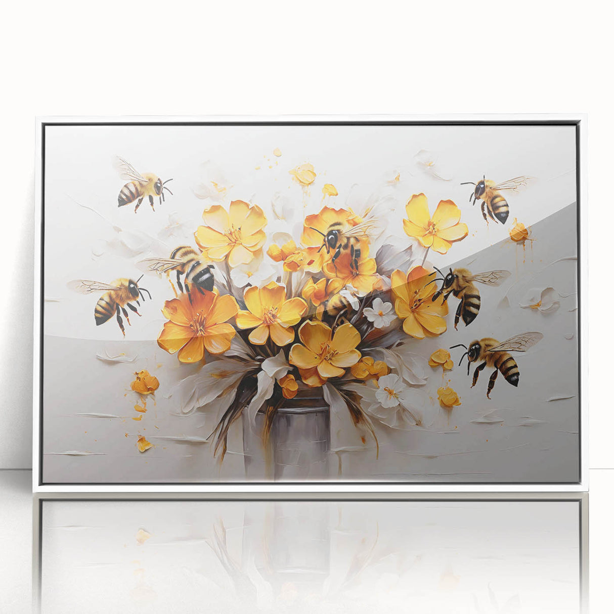 Framed wall art featuring a vibrant collection of bee and arachnid designs in intricate detail, displayed with a white frame, perfect for nature enthusiasts.