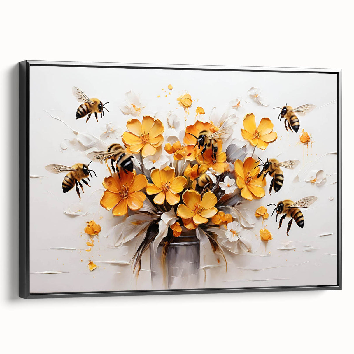 Framed wall art featuring a striking design of bees and arachnids, displayed in a sleek black frame, perfect for nature enthusiasts and modern decor. Ideal for enhancing any living space with a touch of artistic flair.