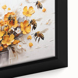 Close-up of a framed canvas wall art piece showcasing a vibrant design of bees, highlighting intricate details and textures, perfect for insect enthusiasts and home decor.