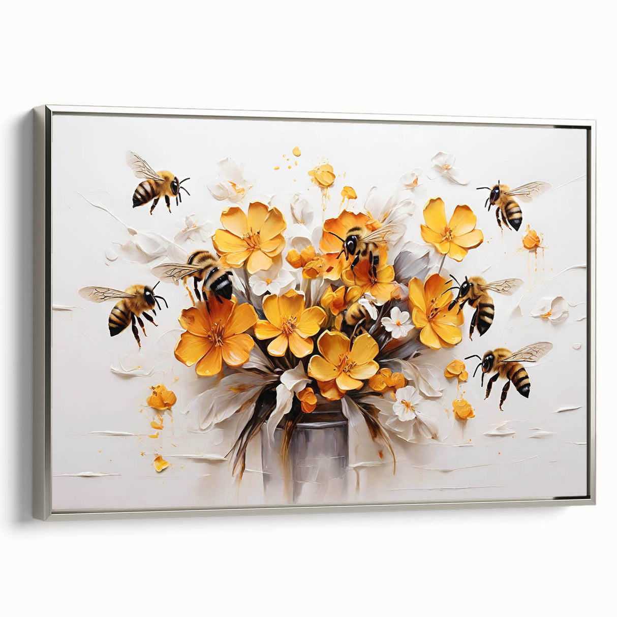 Framed wall art showcasing a detailed bee design, featuring intricate patterns and vibrant colors on a textured canvas. The artwork is presented in a sleek silver frame, ideal for enhancing contemporary home decor.