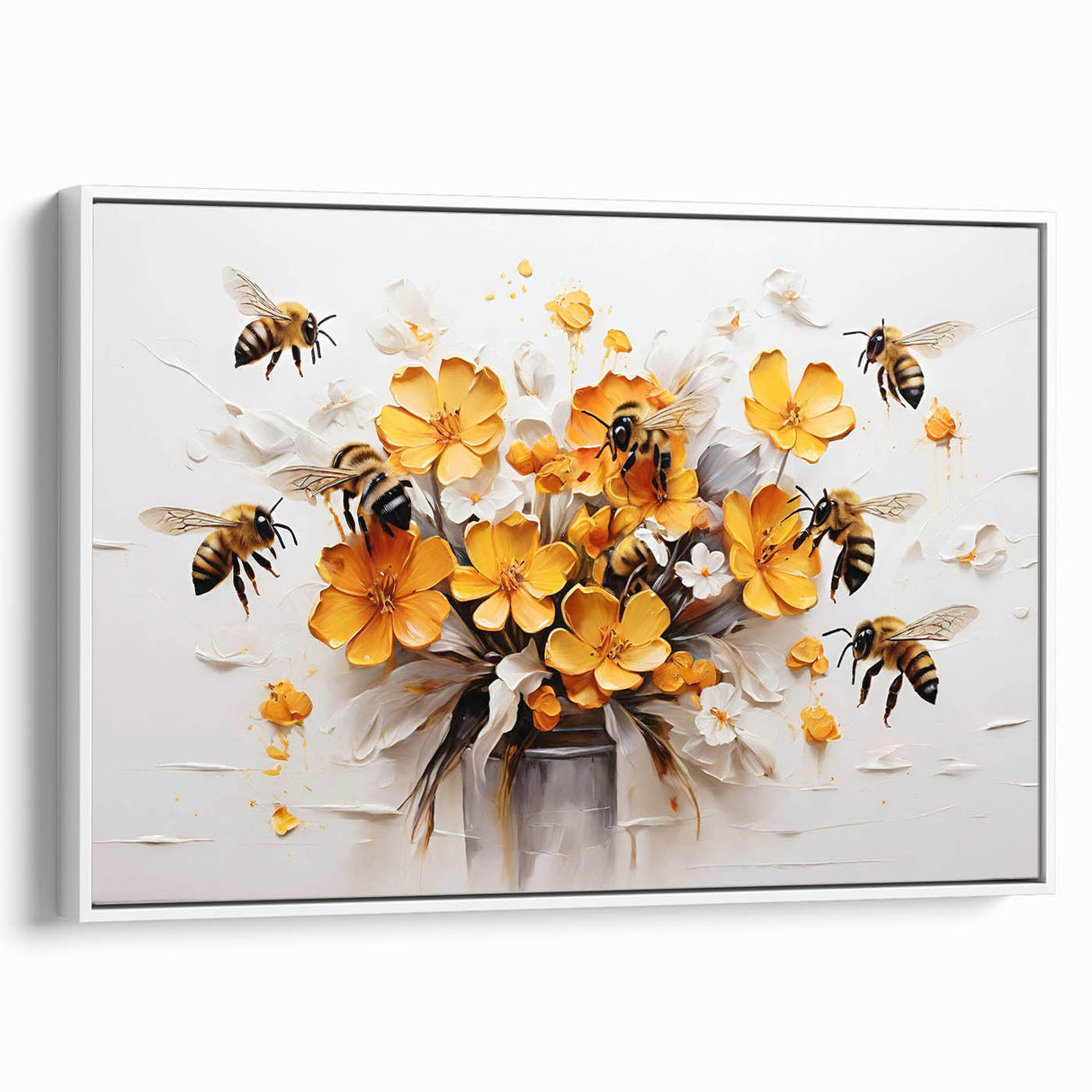 Framed wall art featuring a detailed insect and arachnid design, showcasing vibrant bees on a white background, perfect for nature enthusiasts and home decor.