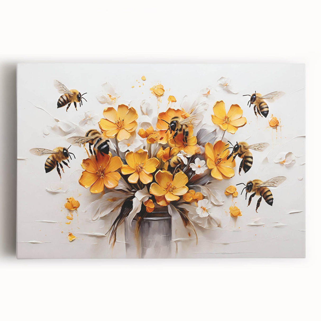 Stretched canvas wall art showcasing a detailed design of bees and arachnids, featuring vibrant colors and intricate patterns, perfect for nature enthusiasts.
