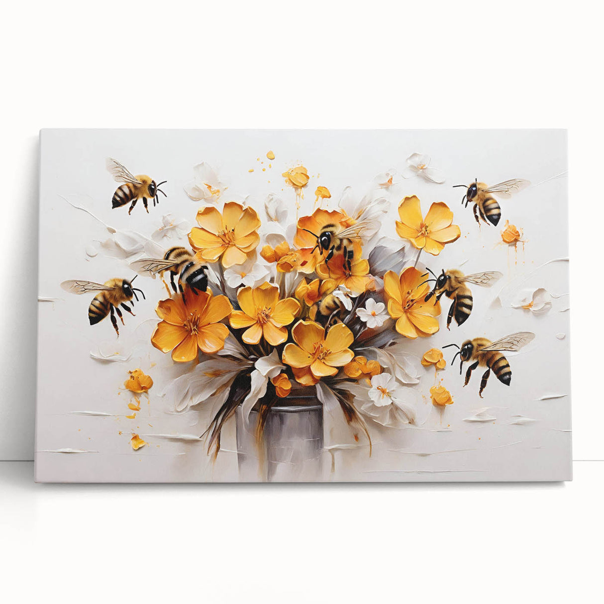 Colorful stretched canvas wall art depicting various bees and arachnids in intricate detail, showcasing nature's diversity in a modern design, ideal for home decor.