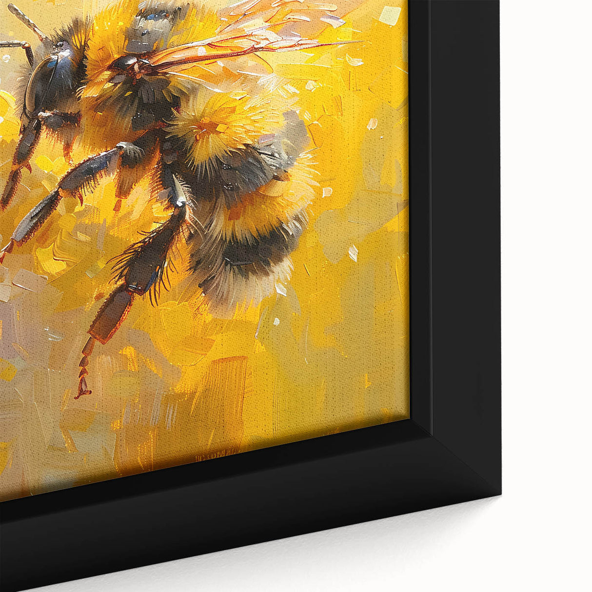 Close-up of a framed canvas wall art piece showcasing a vibrant, detailed design of bees and arachnids, enhancing home decor with nature-inspired aesthetics.