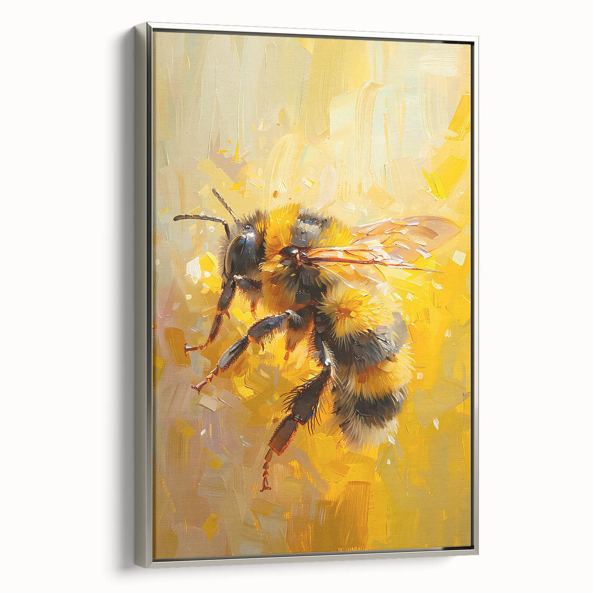 Framed wall art featuring a detailed design of bees and arachnids, set in a silver frame, showcasing intricate colors and textures ideal for nature enthusiasts.