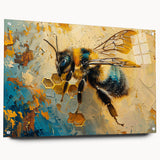 Acrylic glass wall art showcasing a bee and arachnid design, featuring vibrant colors and intricate details, elegantly displayed with decorative pins. Perfect for nature lovers and modern decor enthusiasts.