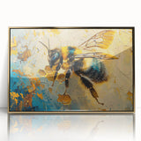 Framed wall art design featuring intricately detailed bees and arachnids in vibrant colors, set in a gold-acrylic frame, ideal for nature-themed decor.