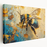 Stretched canvas wall art showcasing a vibrant bee and arachnid design, featuring intricate colors and details, perfect for nature-themed decor.