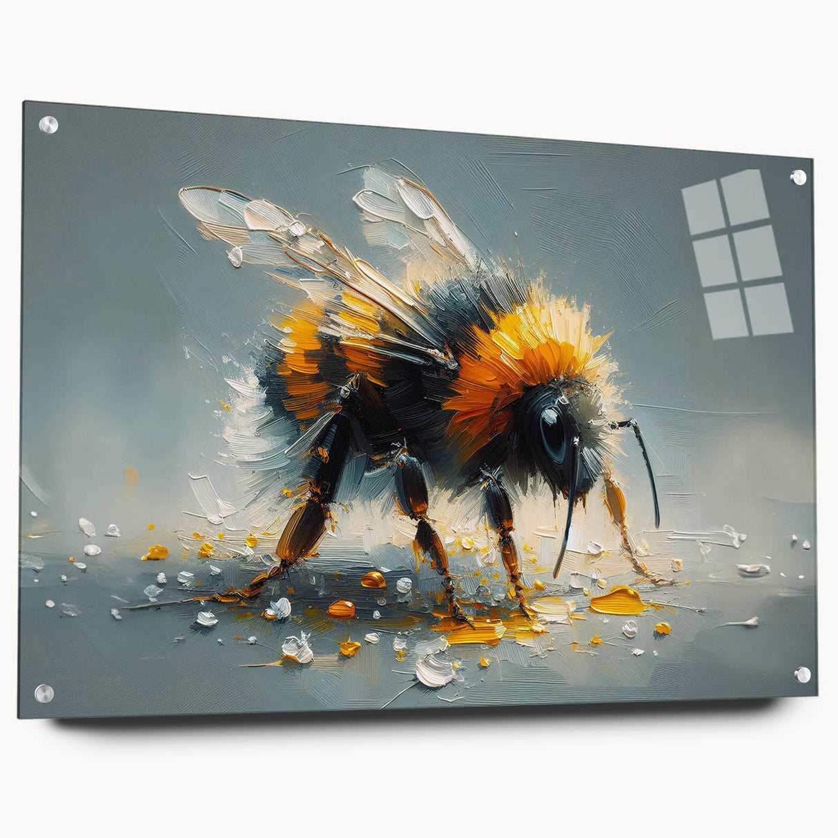 Acrylic wall art display featuring a colorful bees and arachnids design, elegantly showcased in a side view with decorative pins, perfect for nature-themed decor.