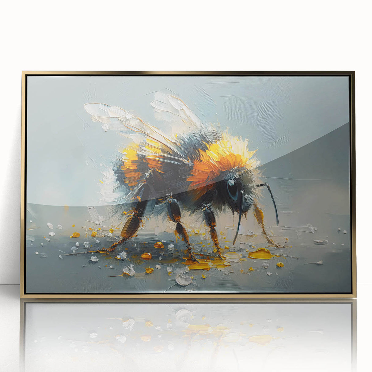 Framed wall art featuring a vibrant insect and arachnid design with bees, set in an elegant gold frame, perfect for adding a touch of nature-inspired decor to any space.