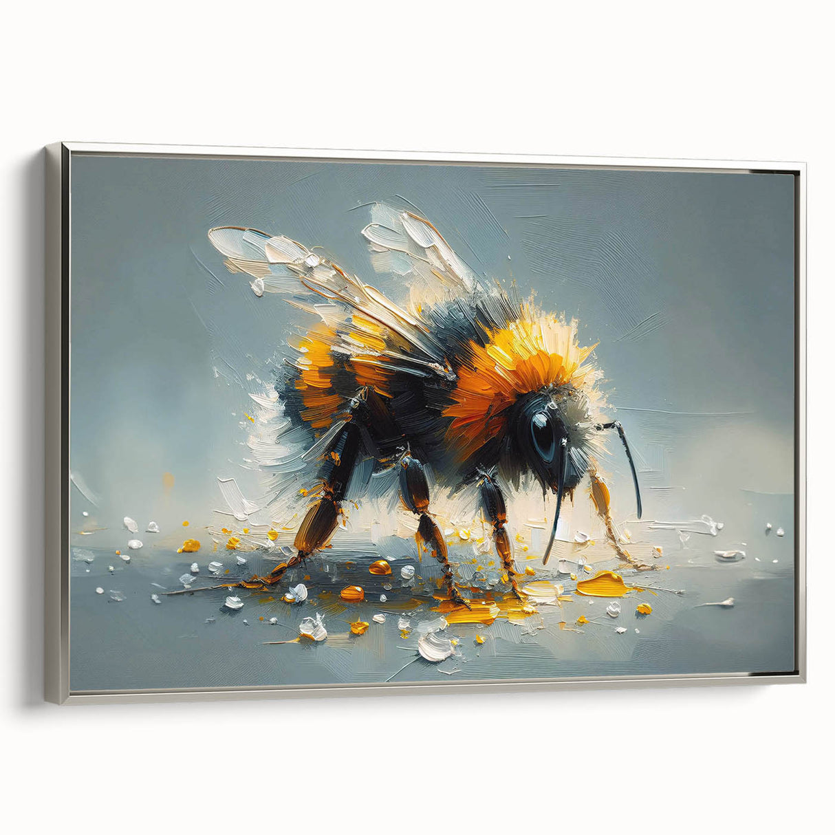 Framed wall art collection showcasing a vibrant design of bees and arachnids on a textured canvas, featuring a sleek silver frame and side view display. Ideal for nature enthusiasts and home decor.
