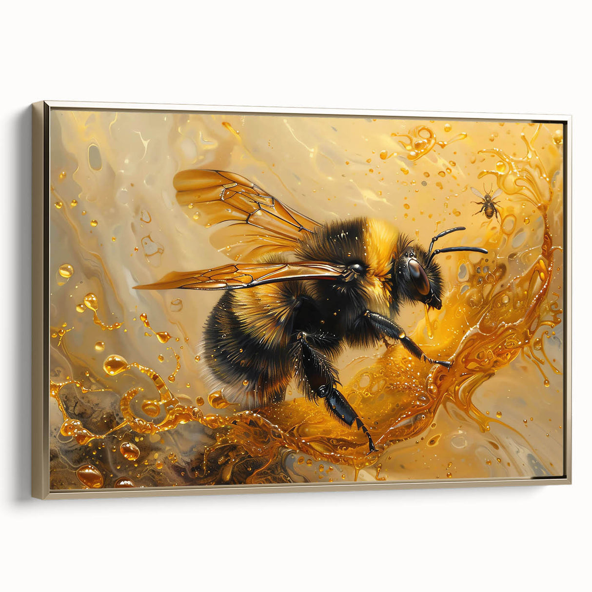 Framed wall art showcasing a detailed bee design, featuring intricate golden accents on a dark background. Ideal for nature lovers and modern decor enthusiasts.