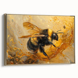 Framed wall art showcasing a detailed bee design, featuring intricate golden accents on a dark background. Ideal for nature lovers and modern decor enthusiasts.