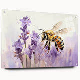 Close-up view of a wall art collection showcasing a detailed design of bees and arachnids, printed on acrylic glass with visible pins, emphasizing vibrant colors and intricate patterns.