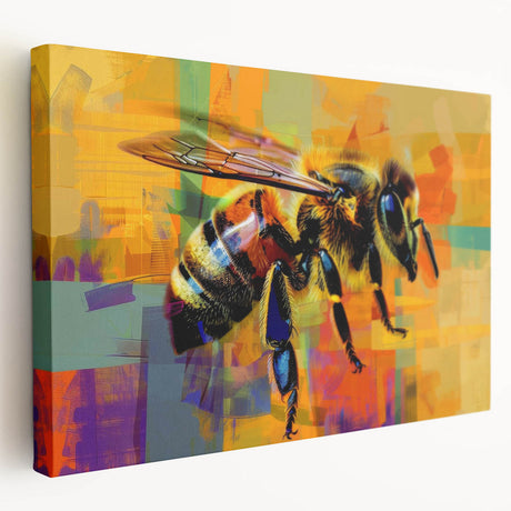 Stretched canvas print showcasing a detailed bee and arachnid design with vibrant colors, perfect for nature-themed decor in living spaces or studios.
