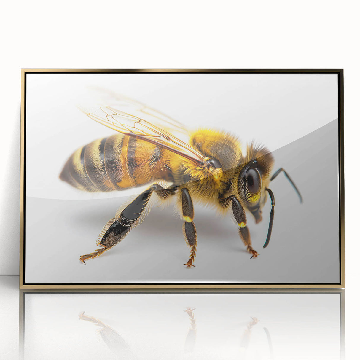 Framed wall art featuring a vibrant bee and arachnid design, highlighted with gold accents, showcasing intricate details suitable for modern decor. Ideal for nature enthusiasts and art lovers.