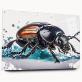 Acrylic glass wall art showcasing a detailed insect and arachnid beetle design, presented in side view with decorative pins, perfect for nature-themed decor.