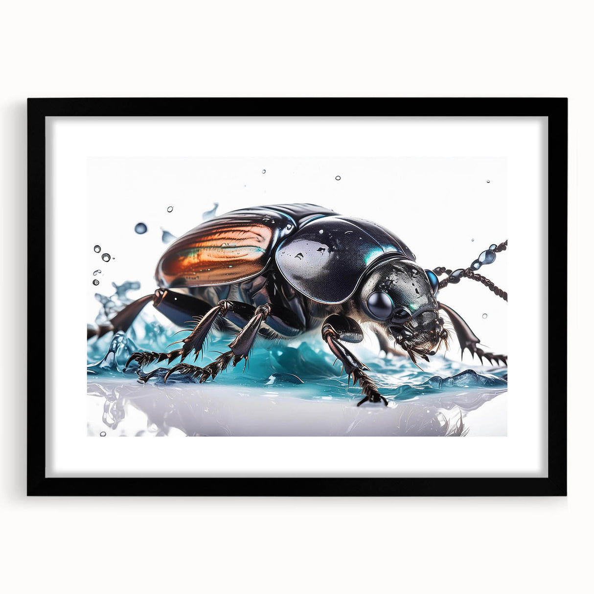 Framed wall art featuring a detailed beetle design in vibrant colors, set against a black background, enhancing contemporary home decor. Ideal for insect lovers and collectors.