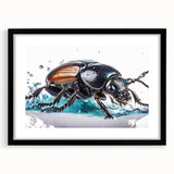 Framed wall art featuring a detailed beetle design in vibrant colors, set against a black background, enhancing contemporary home decor. Ideal for insect lovers and collectors.