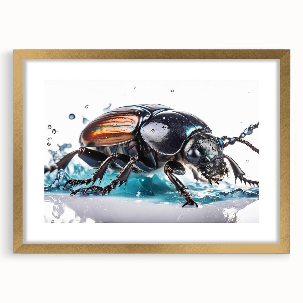 Framed wall art featuring a detailed gold beetle design from the Insect and Arachnid collection, showcasing vibrant colors and intricate patterns, ideal for nature enthusiasts.