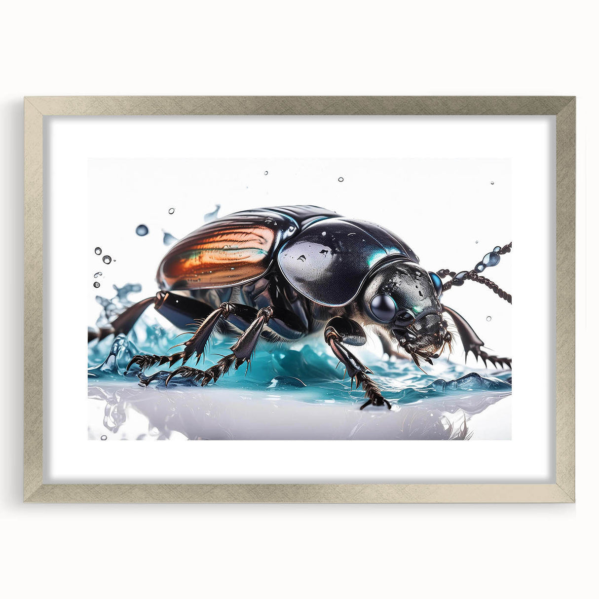 Framed wall art featuring a detailed beetle design from the insect and arachnid collection, showcasing intricate patterns and vibrant colors in a sleek silver frame.