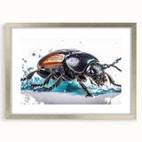 Framed wall art featuring a detailed beetle design from the insect and arachnid collection, showcasing intricate patterns and vibrant colors in a sleek silver frame.