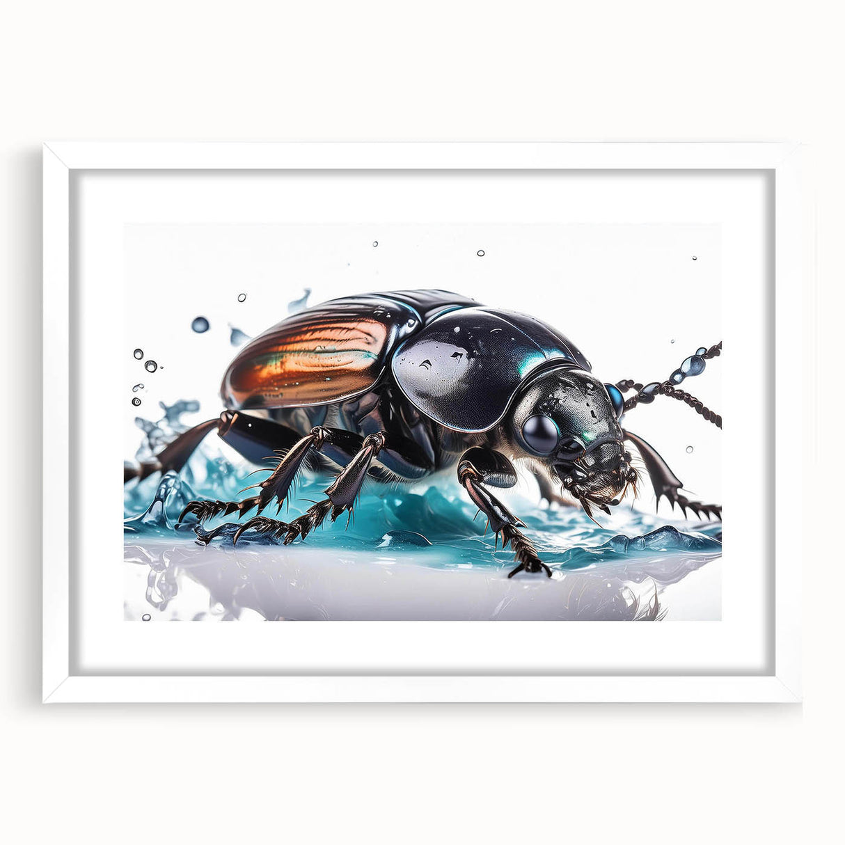 Detailed wall art featuring an intricate insect and arachnid beetle design, framed with a white mat, showcasing vibrant colors and sharp details, ideal for nature enthusiasts and art lovers.