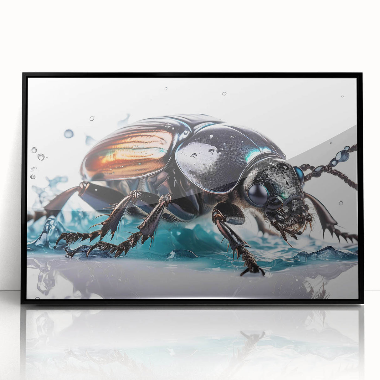 Framed wall art featuring a detailed beetle design in vibrant colors, showcasing intricate insect and arachnid illustrations, ideal for nature enthusiasts and modern decor.