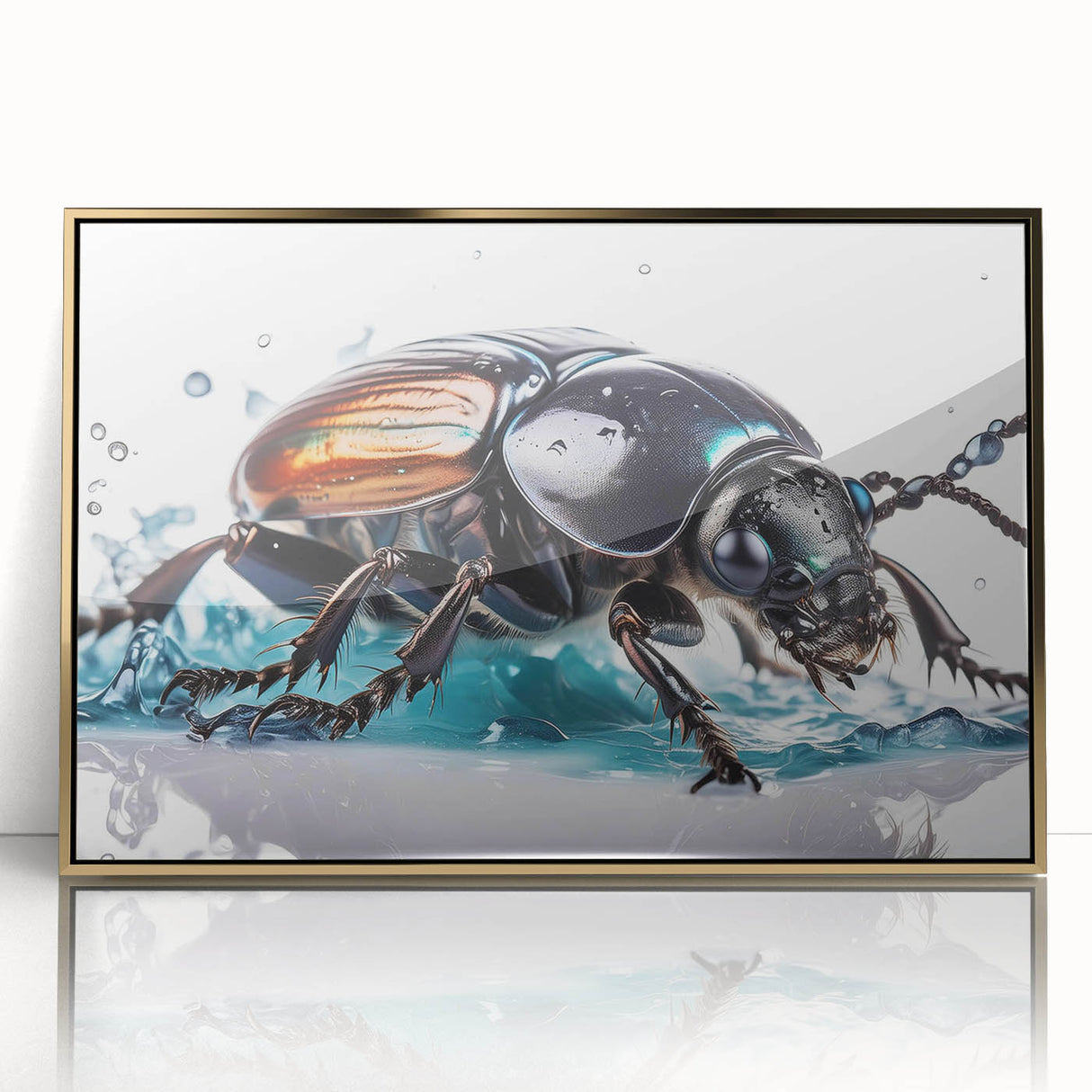Framed acrylic wall art showcasing a detailed beetle design in gold, perfect for insect enthusiasts and modern decor lovers. Ideal for adding elegance to any space.