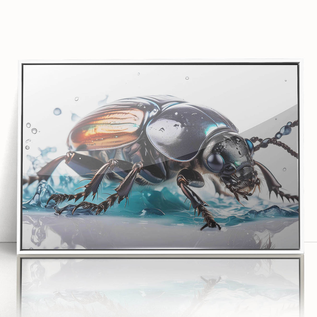 Framed wall art featuring a vibrant beetle and arachnid design in acrylic, showcasing intricate details on a white background, perfect for insect enthusiasts.