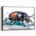 Framed canvas wall art showcasing a beetle design in vivid colors, presented in a sleek black frame, ideal for insect enthusiasts and modern decor.