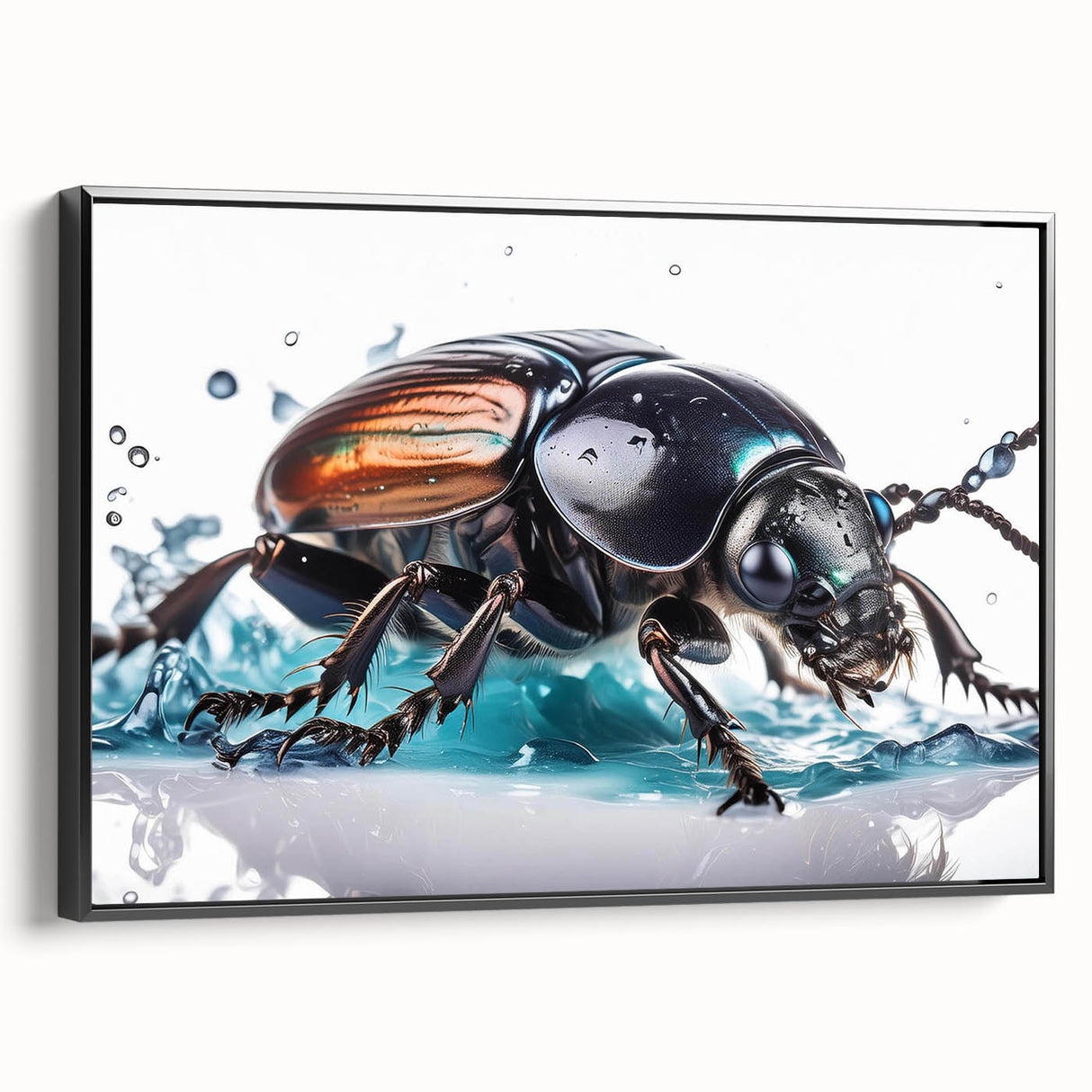 Framed canvas wall art showcasing a beetle design in vivid colors, presented in a sleek black frame, ideal for insect enthusiasts and modern decor.