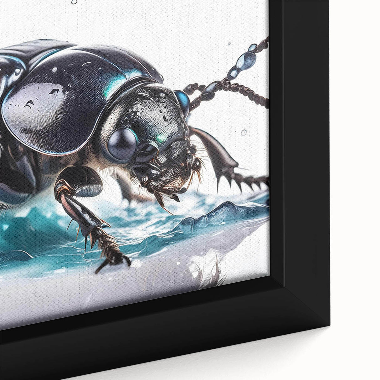 Close-up of a vibrant framed canvas wall art showcasing a detailed beetle design, perfect for insect enthusiasts and modern decor. The artwork features intricate patterns and vivid colors that enhance any interior space.