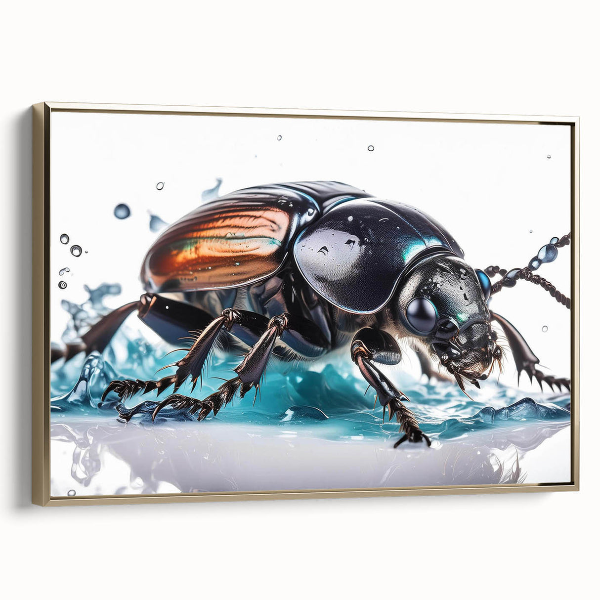 Framed wall art featuring a detailed beetle design in gold tones, showcasing intricate patterns and textures against a sleek black background, perfect for nature enthusiasts.