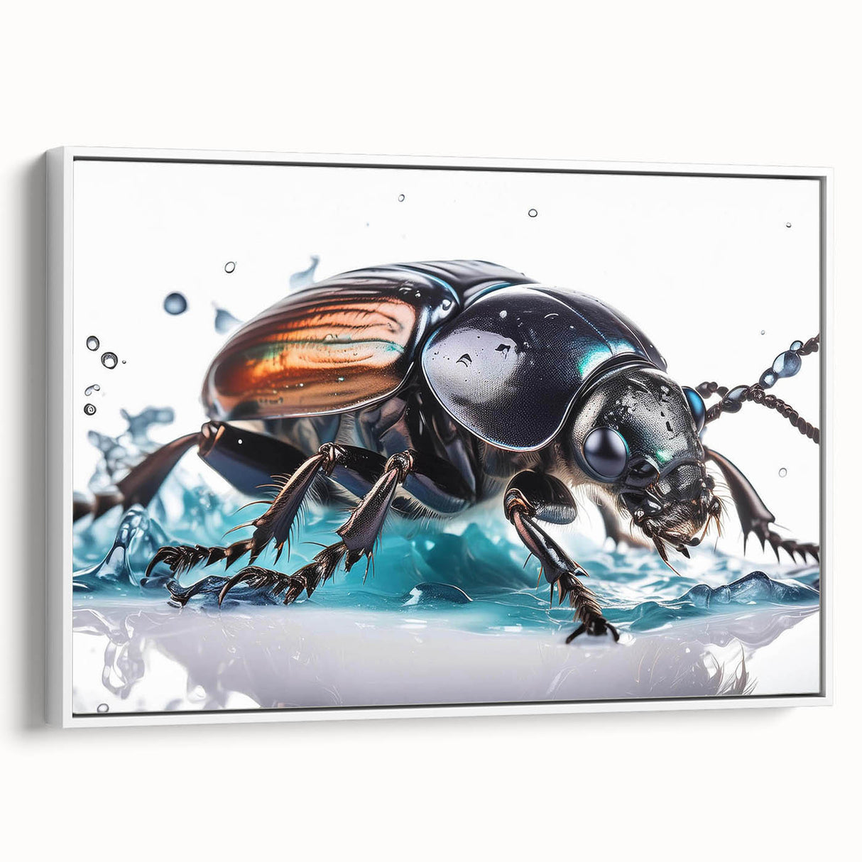Framed wall art featuring a detailed beetle design in vibrant colors, set against a white background, showcasing the intricate patterns and textures of insects. Perfect for nature enthusiasts and modern home decor.