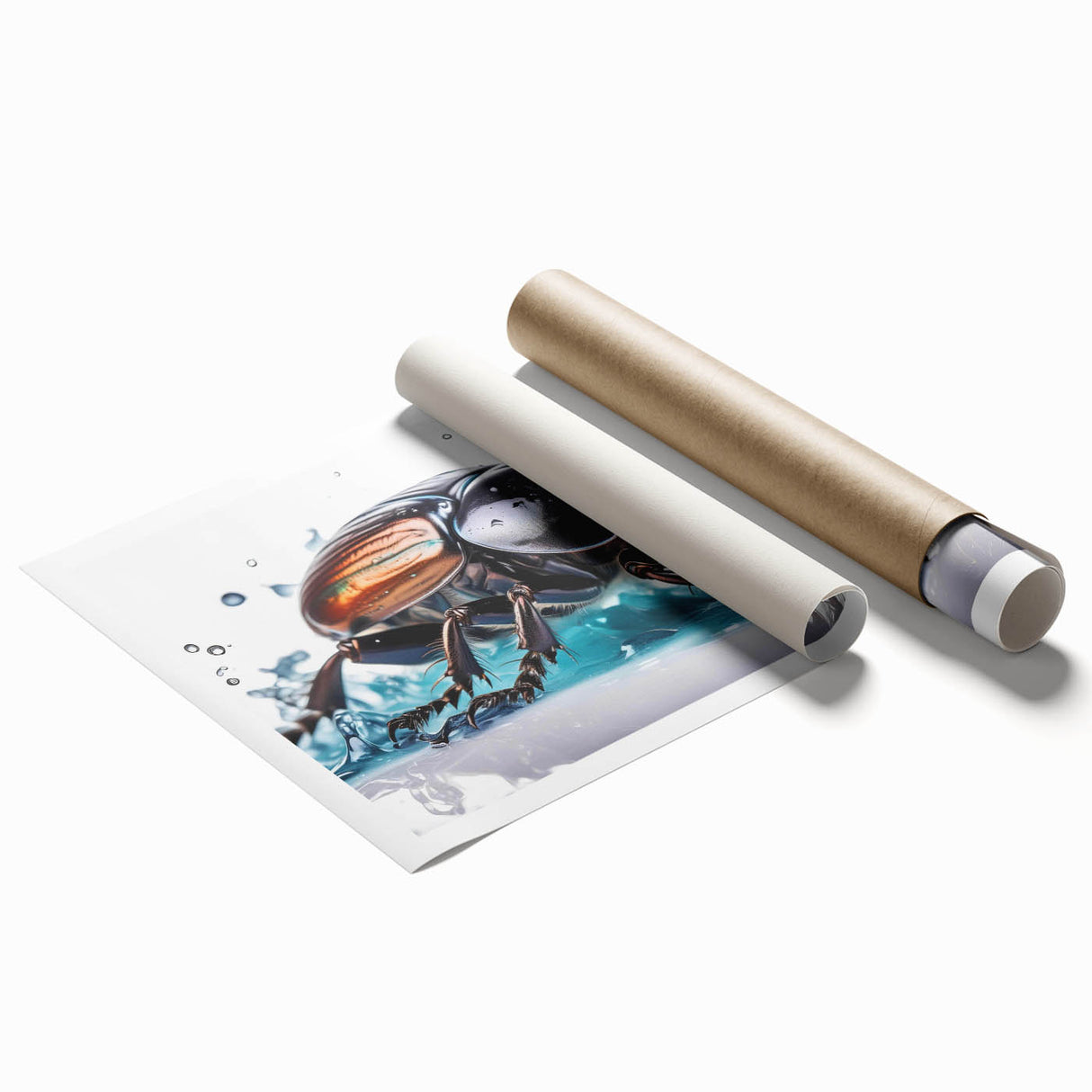 Colorful rolled print showcasing a detailed beetle and arachnid design, ideal for insect enthusiasts, packaged in a protective cardboard tube for display.