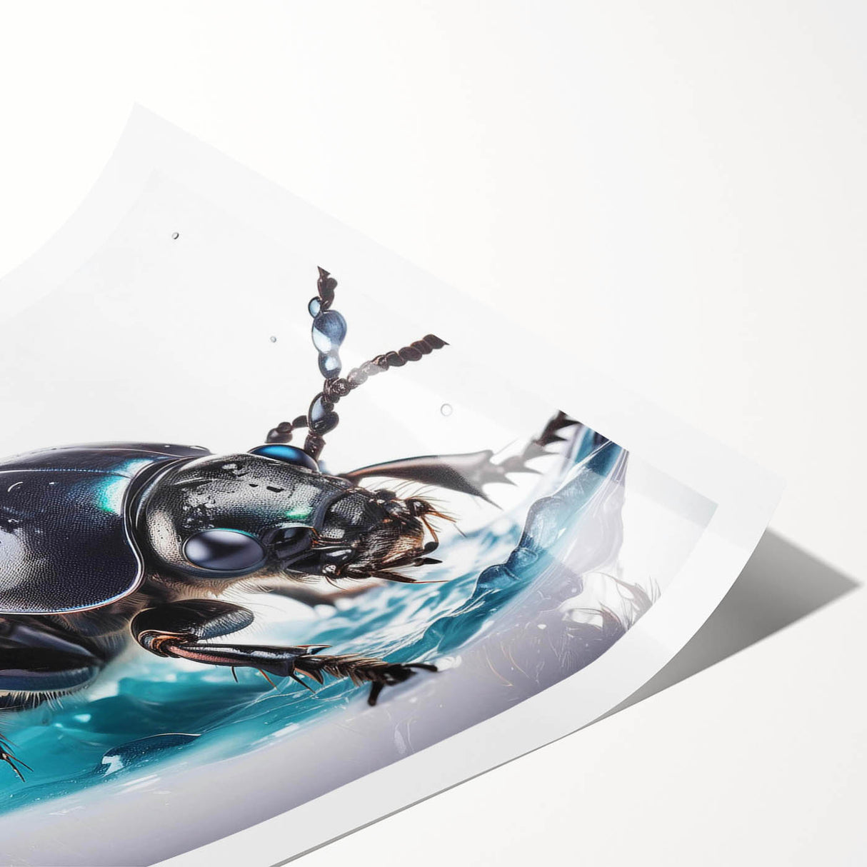 Beetle-themed wall art print showcasing intricate insect and arachnid designs in vivid colors, elegantly rolled for display or framing, perfect for nature enthusiasts.