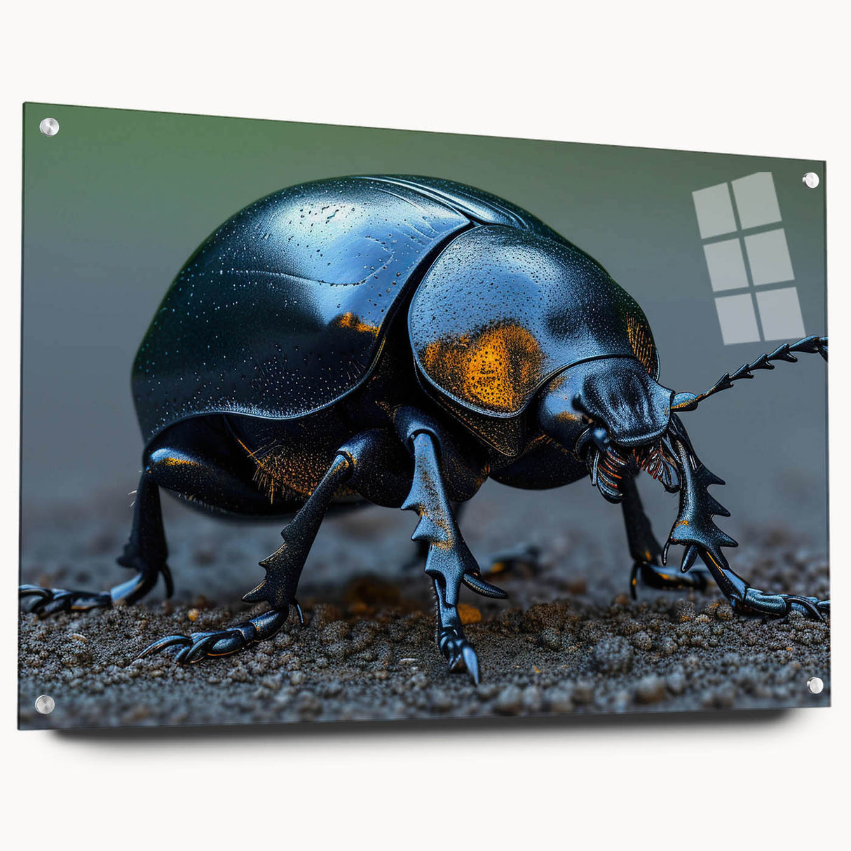 Side view of a modern beetle design wall art piece made from acrylic glass, showcasing vibrant colors and intricate details, ideal for insect enthusiasts and decor lovers.