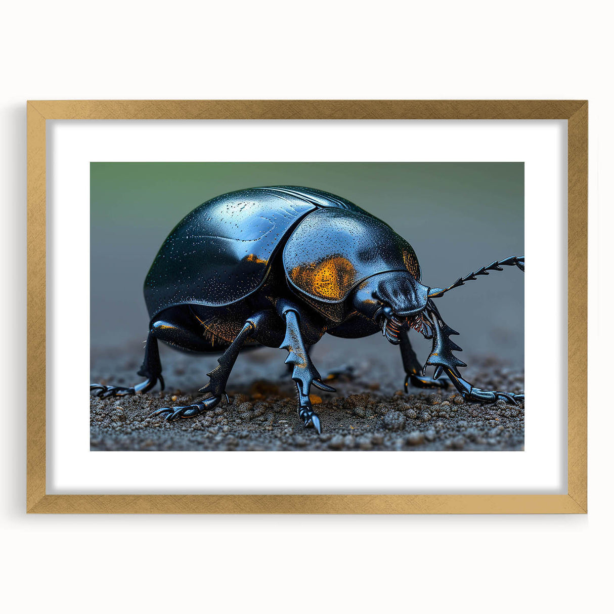 Gold-framed wall art showcasing a detailed beetle design, featuring intricate patterns and vibrant colors, perfect for insect enthusiasts and modern decor.